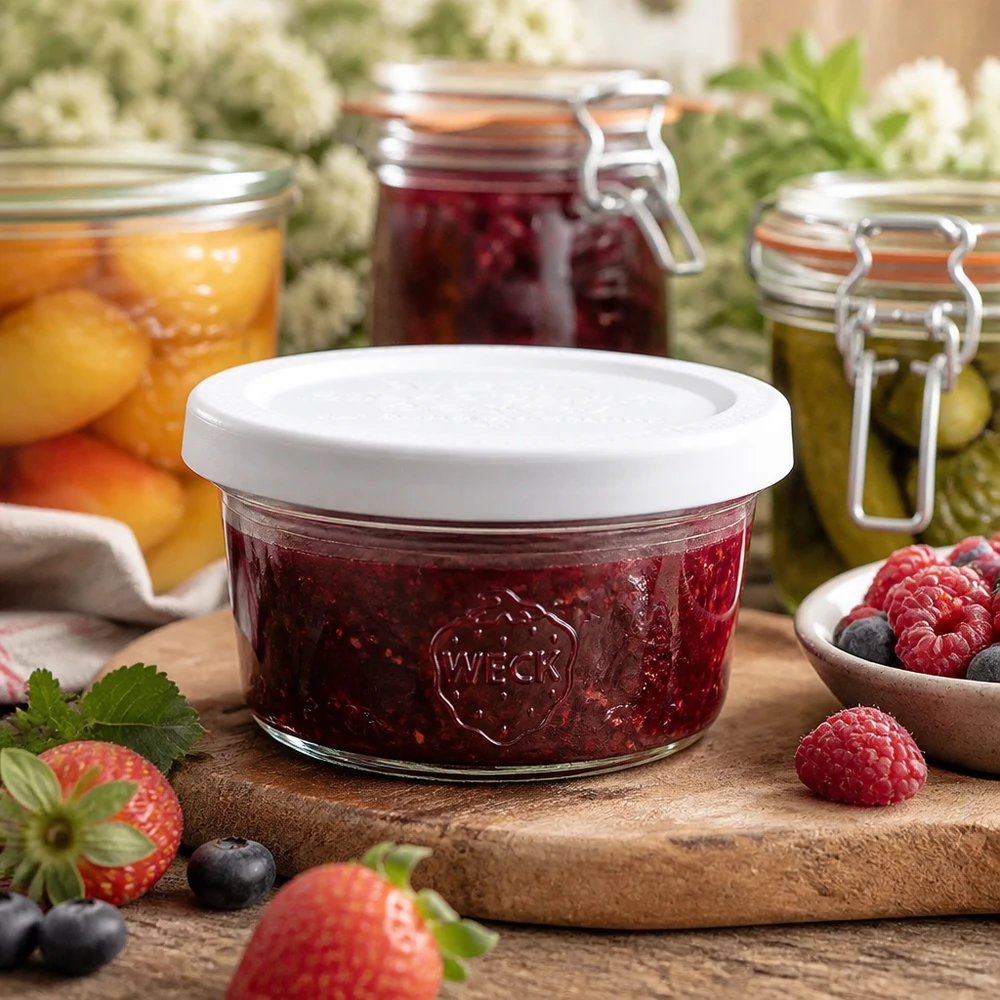 Bicchieri da 50 ml con coperchio salvafreschezza WECK RR60 Bicchieri WECK da 50 ml RR60 riempiti di marmellata su una tavola di legno, circondati da bacche fresche e barattoli da conserva.