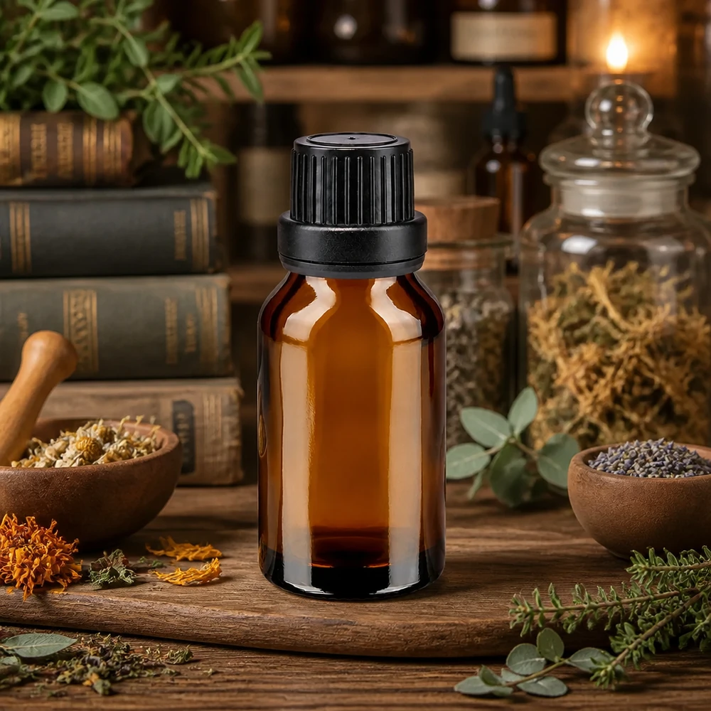 Bottiglia per farmacia marrone 15ml tappo a vite nero stretto OV Flacone da farmacia marrone da 15 ml con tappo a vite nero, circondato da erbe medicinali essiccate e fiori