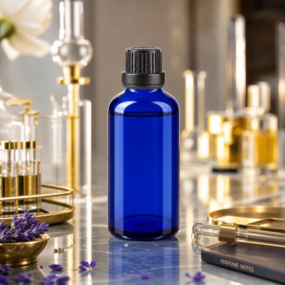 Flacone da farmacia da 50 ml blu cobalto con tappo a vite nero su una superficie in marmo in un ambiente da laboratorio