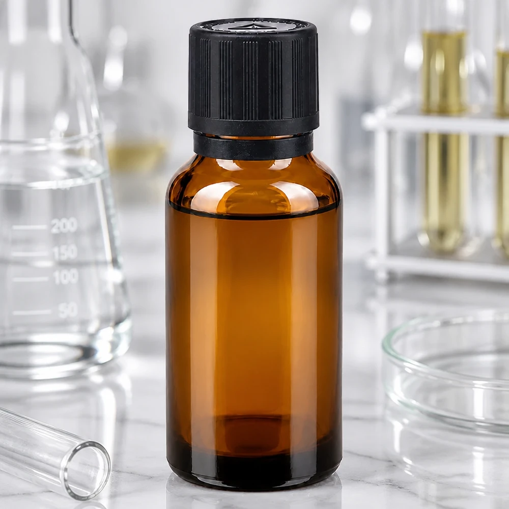 Flacone contagocce da 20 ml in vetro ambrato con tappo a vite nero e vetreria da laboratorio sullo sfondo