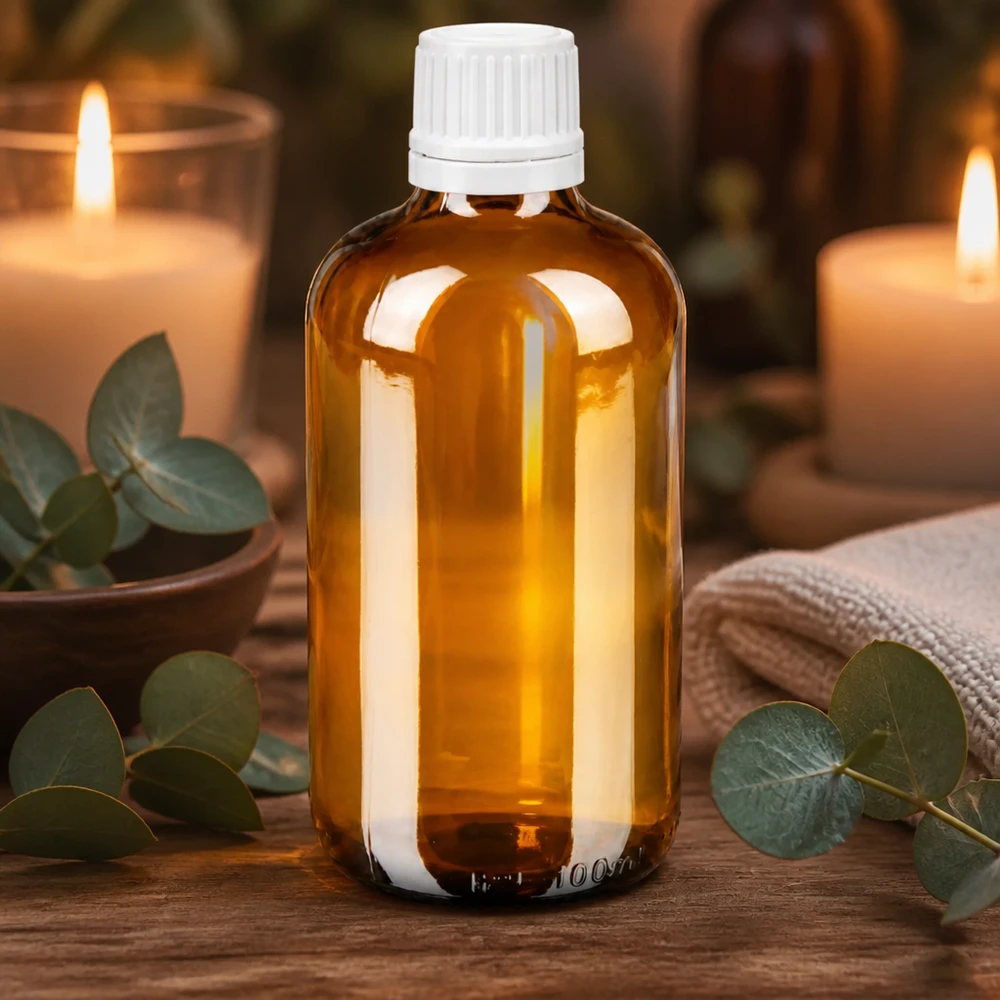 Flacone contagocce in vetro ambrato da 100 ml con tappo originale bianco a prova di bambino su un tavolino di legno