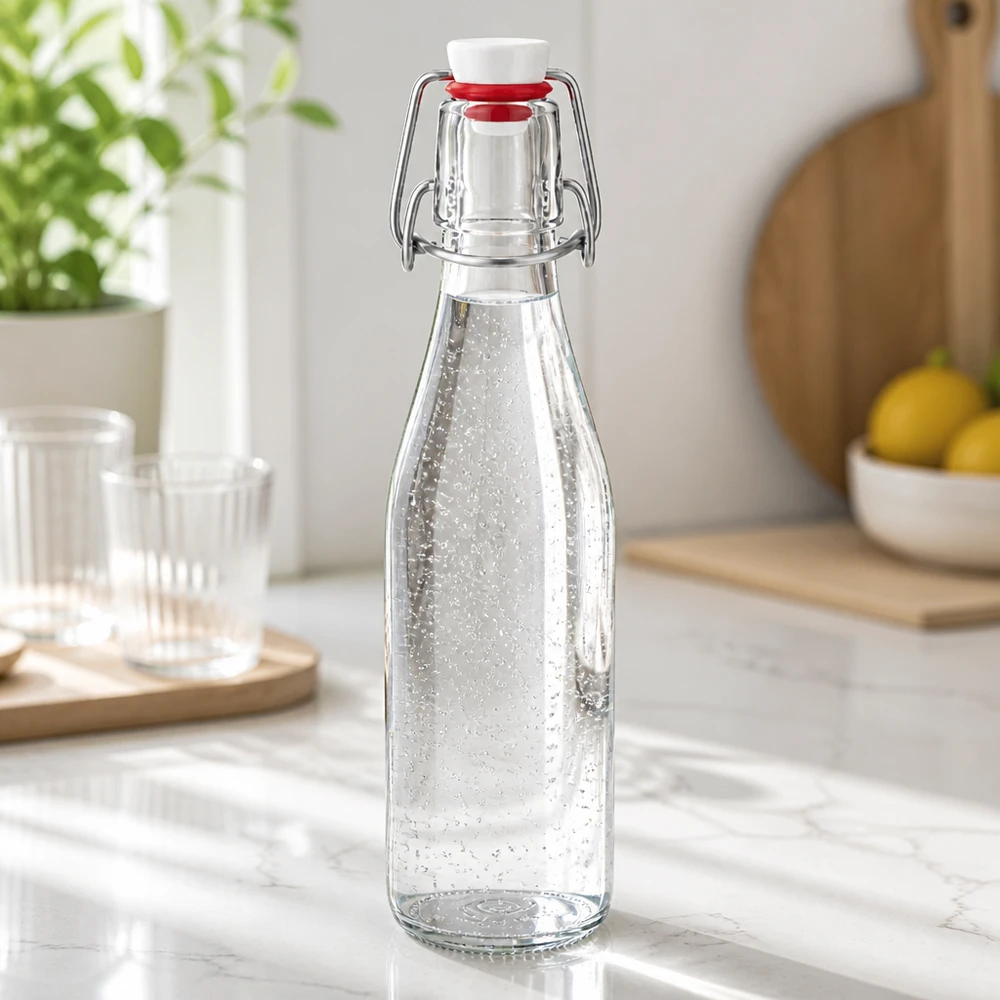 Bottiglia di vetro da 250 ml + tappo girevole in PVC UNiTWIST Bottiglia in vetro da 250 ml con tappo a battente riempita di acqua minerale, piano di lavoro moderno in marmo con bicchieri