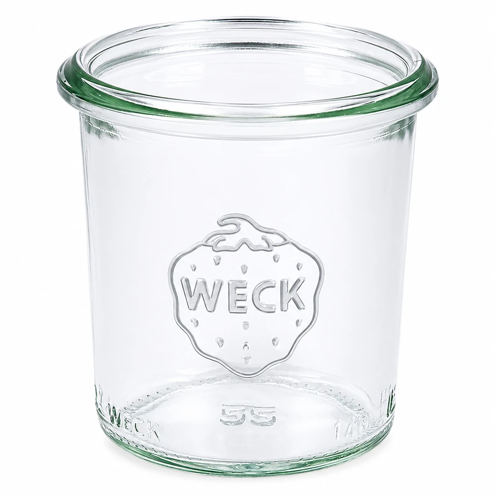 Vaso da 140 ml WECK RR60 in vetro trasparente con logo WECK e anello di tenuta verde per la conservazione