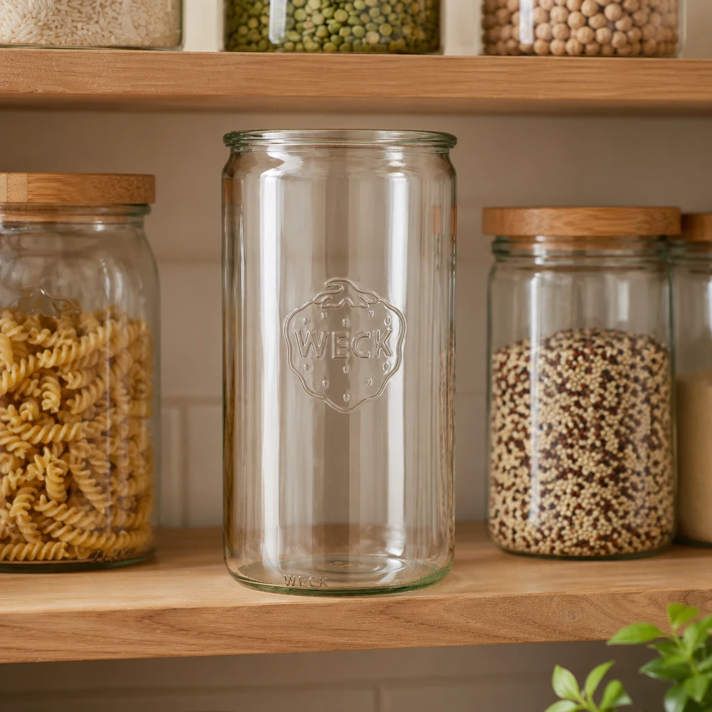 Vaso cilindrico WECK 1590ml RR100 vuoto in cucina tra vasi pieni di pasta e cereali su scaffale in legno