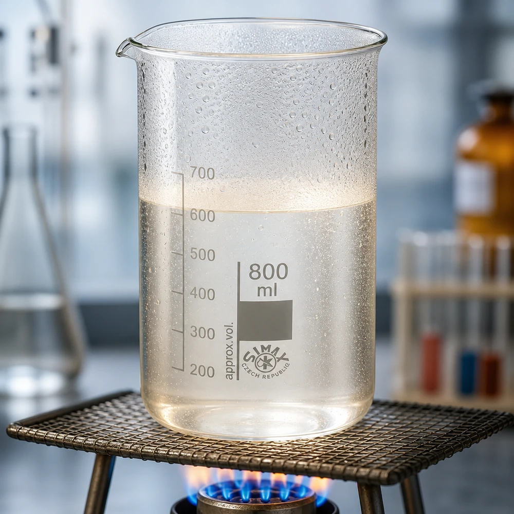 Becher da 800 ml, modello alto, riscaldato su un becco Bunsen con un liquido trasparente fino a un livello di 650 ml