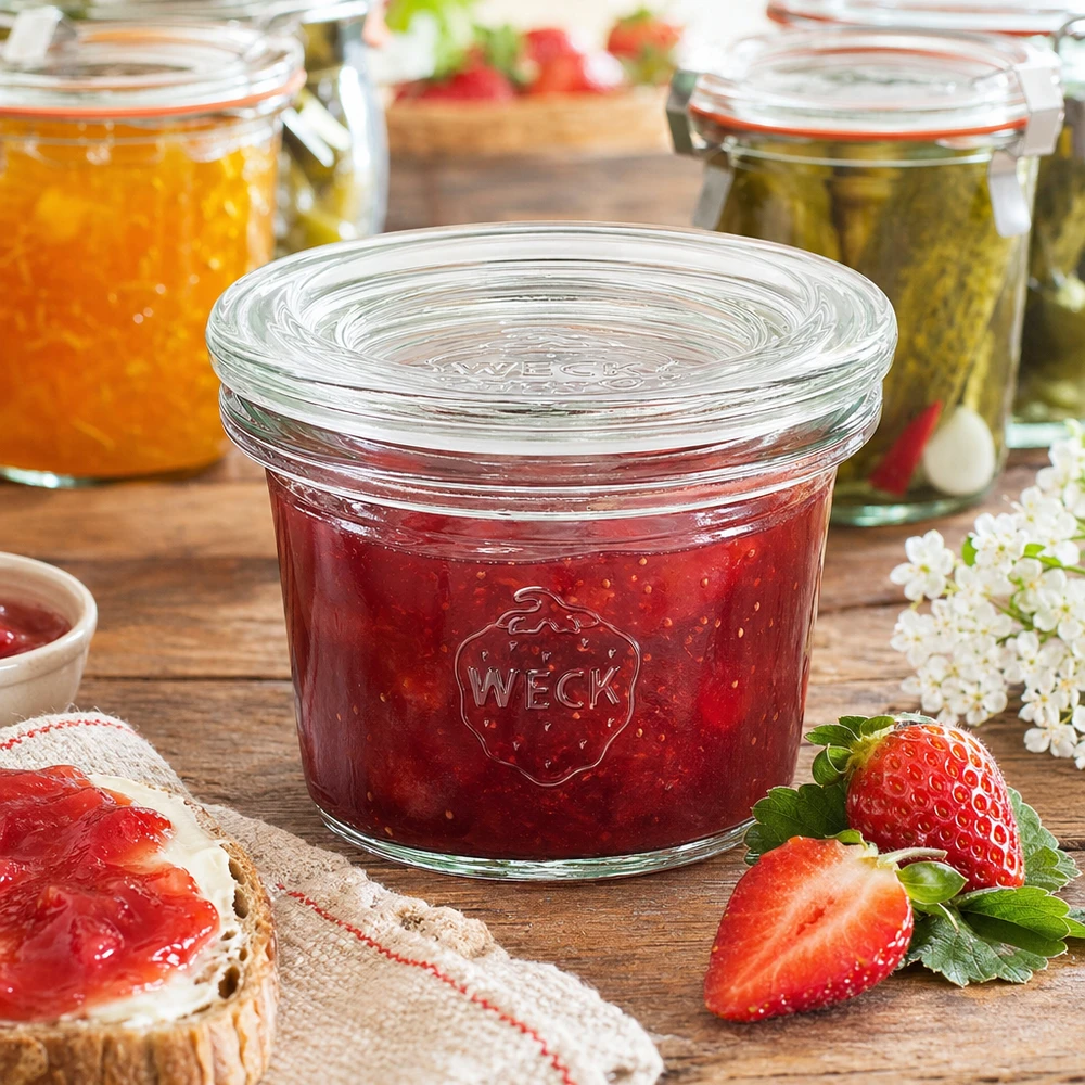 Bicchieri da 35 ml con coperchio in vetro WECK RR40 Vasetto WECK 35ml RR40 pieno di marmellata di fragole rosse accanto a fragole fresche e pane alla marmellata