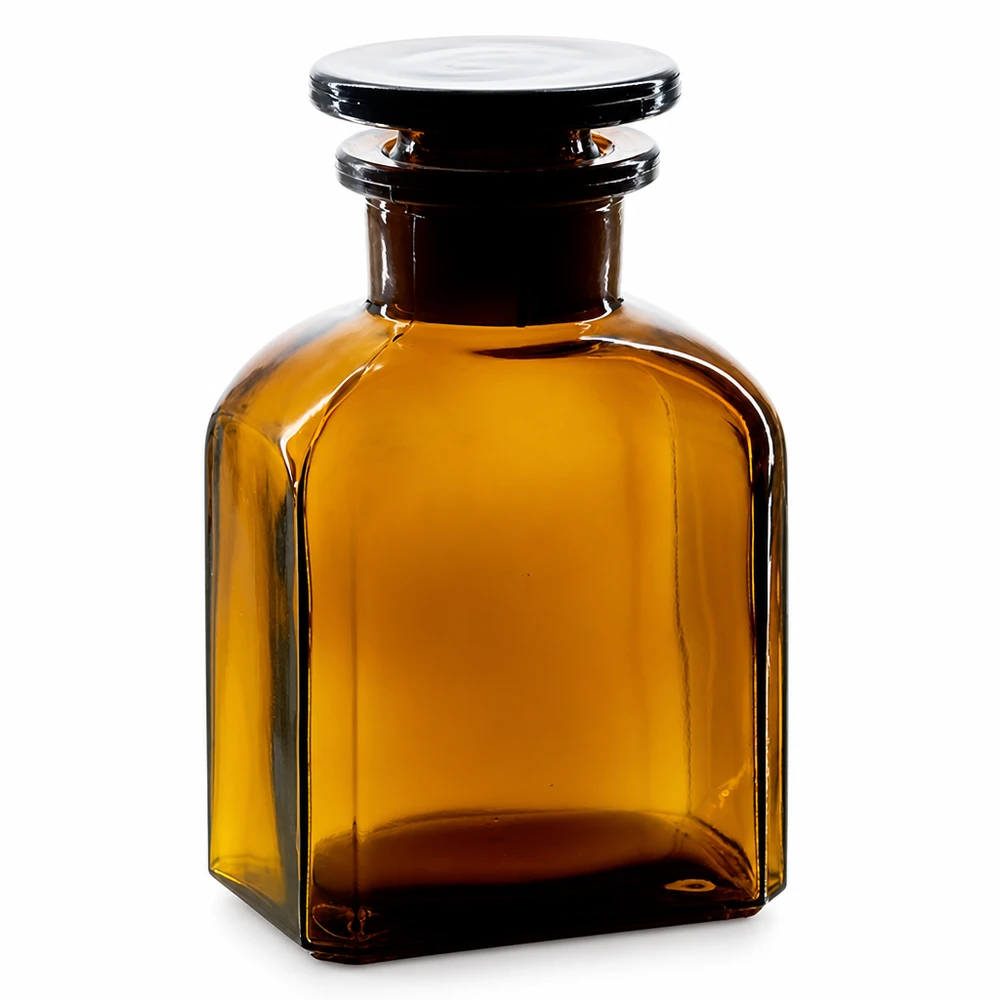 Bottiglia quadrata 150ml marrone a collo largo, con tappo in vetro Flacone quadrato marrone da 150 ml con tappo in vetro, realizzato in vetro a collo largo di alta qualità, per laboratori e farmacie