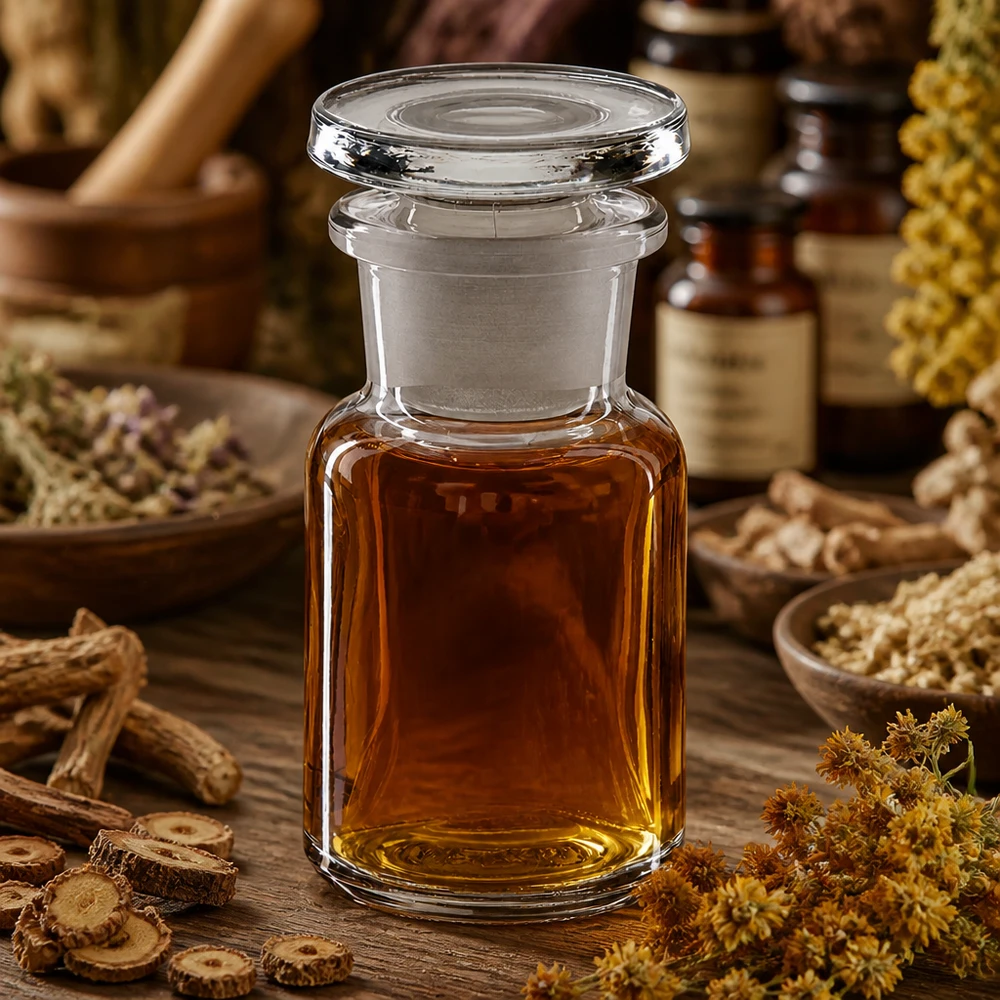 Flacone trasparente da 50 ml a collo largo con tappo di vetro, tra erbe medicinali e radici su un tavolo di legno