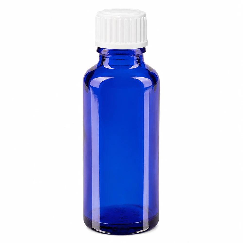 Bottiglia 30ml blu (Glo.) GR STD bianco/3mm ApoGlas Flacone da farmacia in vetro blu da 30 ml con tappo contagocce bianco da 3 mm per uso farmaceutico e cosmetico