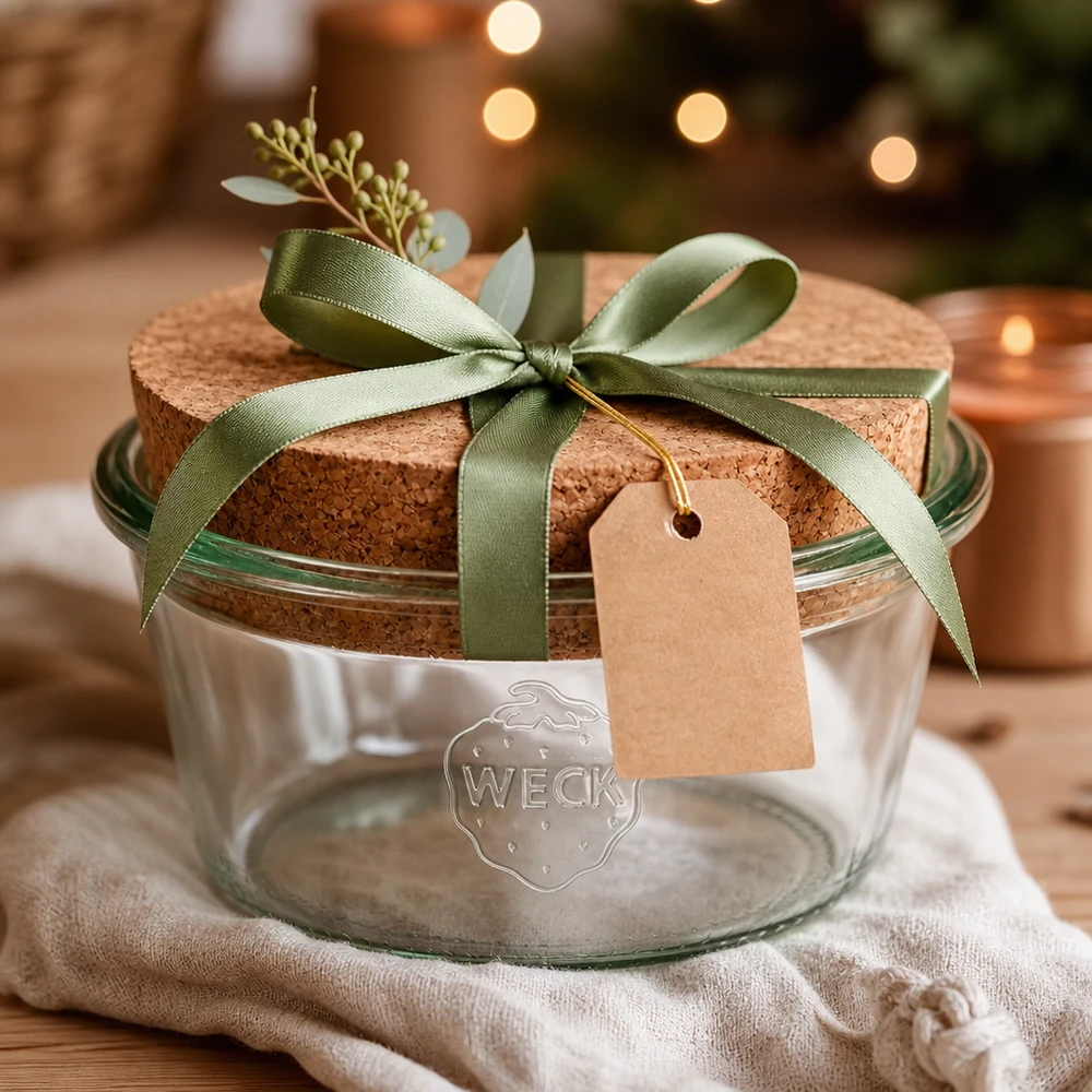 Vaso basso da 290 ml WECK RR100 con sughero naturale Bicchieri WECK 290ml RR100 con tappo in sughero in confezione regalo decorata con nastro verde e cartellino