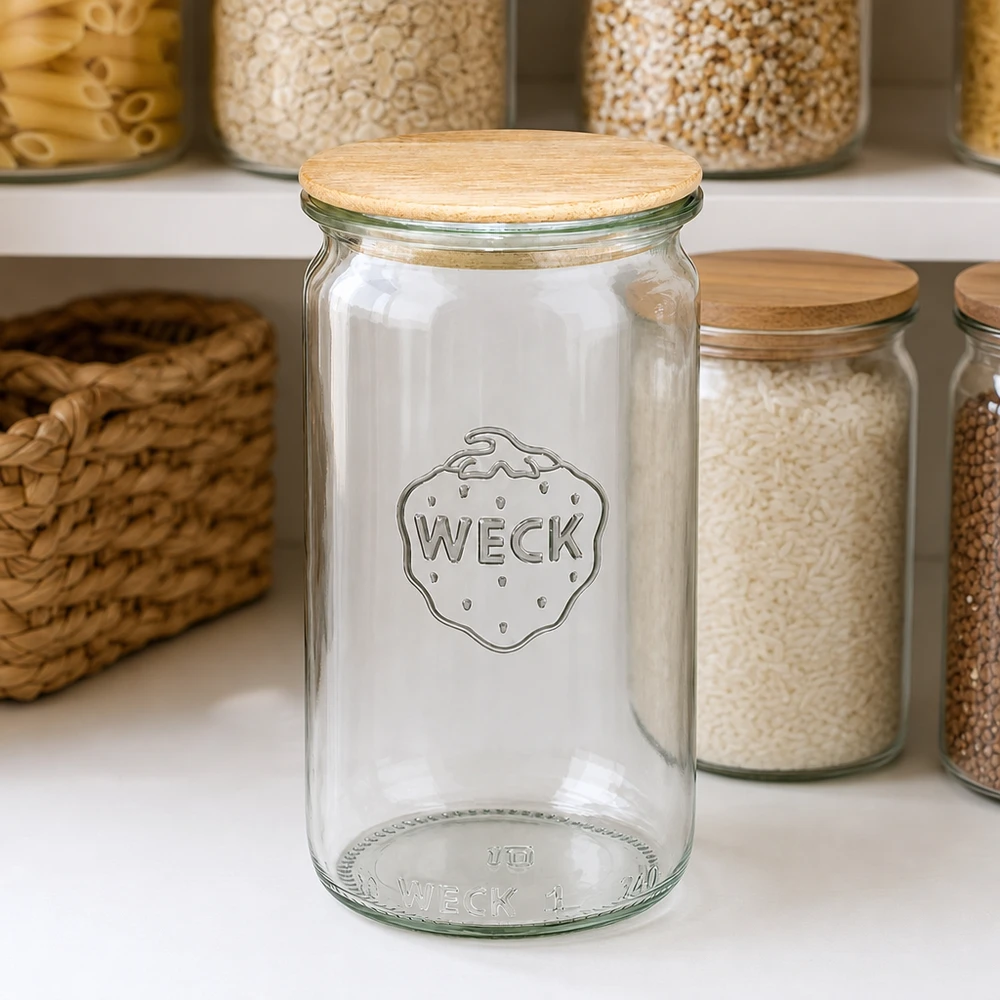 Barattolo cilindrico da 340 ml WECK RR60 con coperchio in legno Vaso cilindrico WECK 340ml RR60 vuoto con coperchio in legno in una cucina organizzata tra vasi di stoccaggio pieni