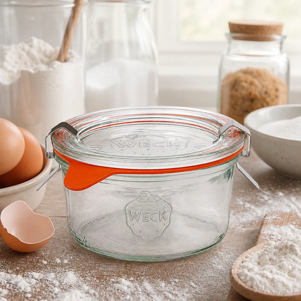 WECK 165ml RR80 barattolo da cucina con ingredienti da forno, uova, farina e latte per ricette fatte in casa