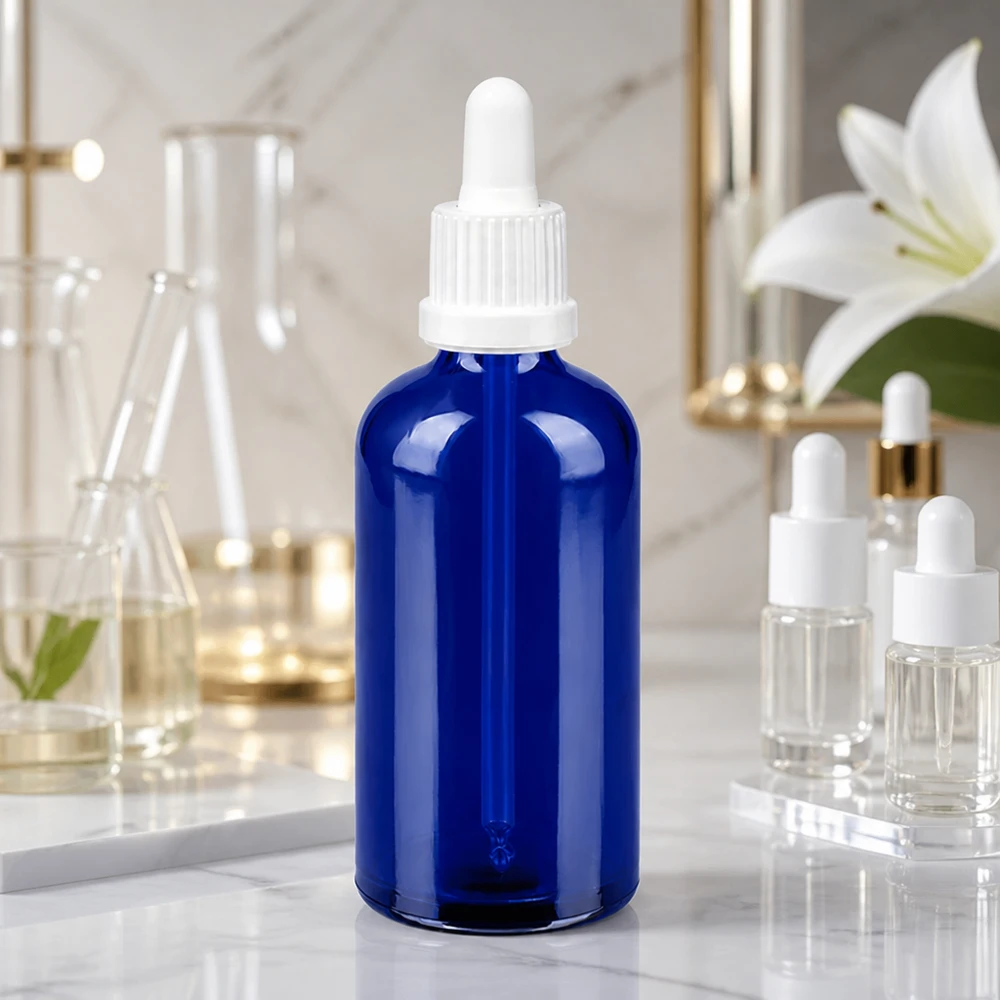 Flacone per pipette da 100 ml bianco OV BlueLine UT18/100 Pratico flacone a pipetta da 100 ml in blu cobalto con tappo contagocce ergonomico bianco