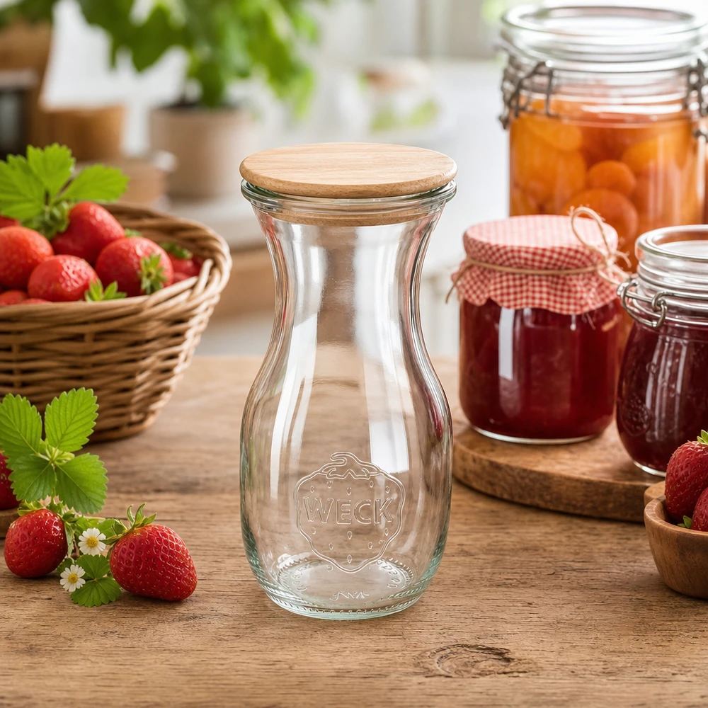 Bottiglia di succo WECK da 290 ml con coperchio in legno in un ambiente naturale di cucina con fragole e barattoli di marmellata