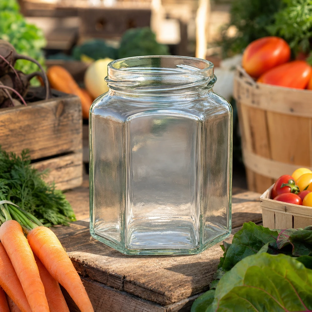 UNiTWIST Hexa288 - Vaso a 6 angoli capacità 288ml TO63 UNiTWIST Hexa288 vaso esagonale per conserve 288ml TO63 tappo a vite per marmellate e conserve in vetro
