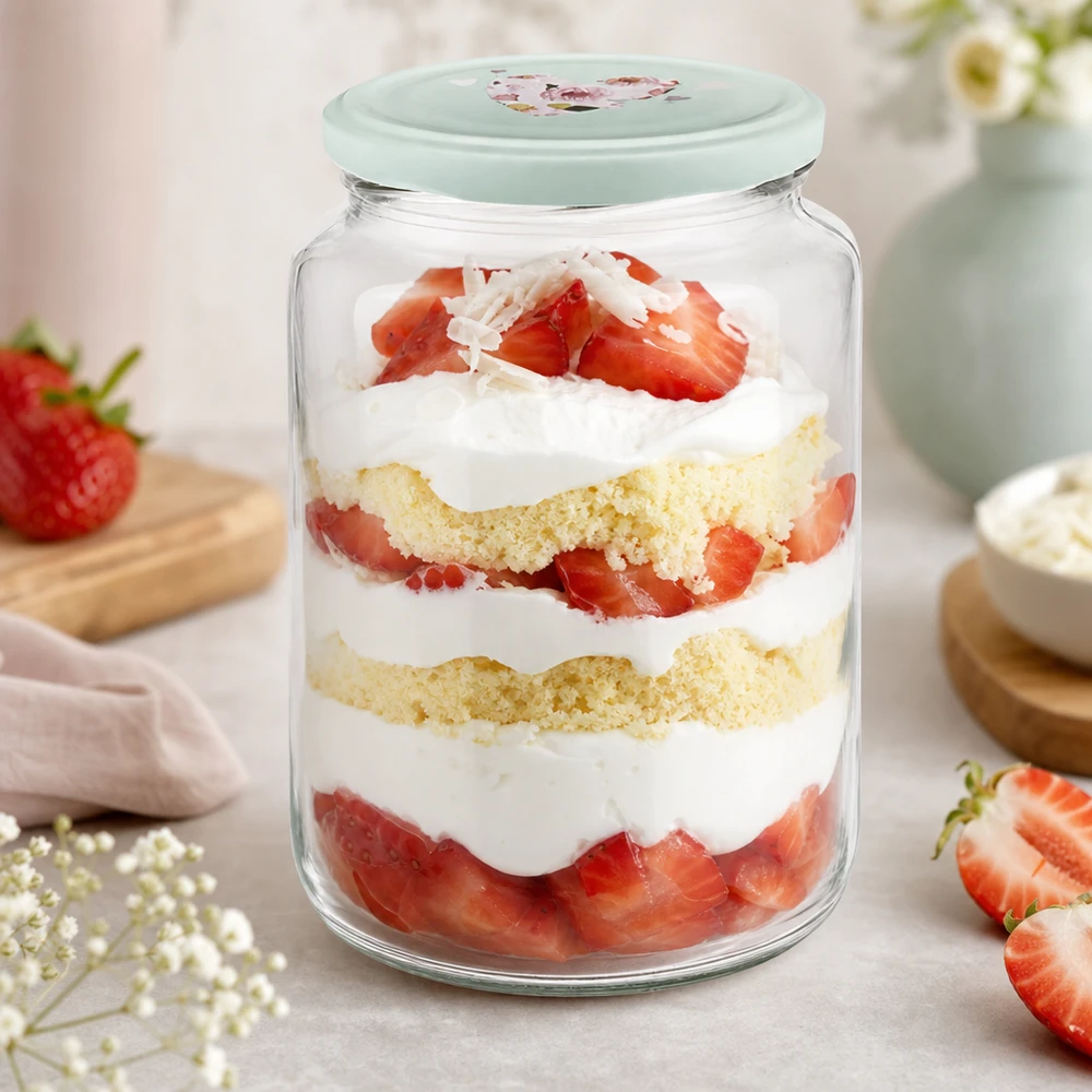 795ml vaso rotondo + coperchio BasicSeal cuore menta UNiTWIST Vasetto rotondo da 795 ml con coperchio a cuore alla menta e trifle alla fragola dessert in vasetto torta a strati crema frutti di bosco dessert