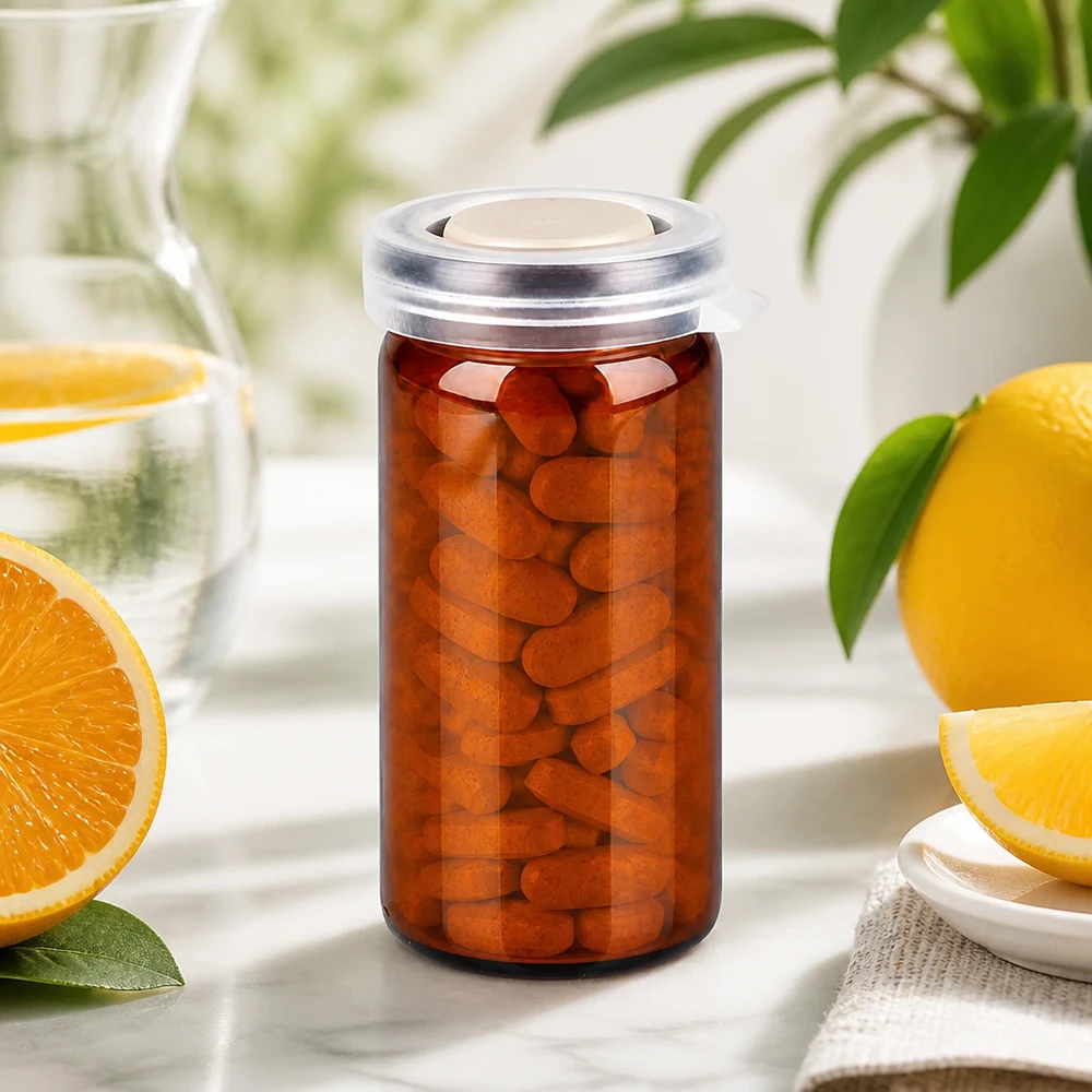 Vasetto con bordo arrotondato da 10 ml, marrone, con coperchio a scatto, contenente compresse ovali di vitamina C di colore arancione