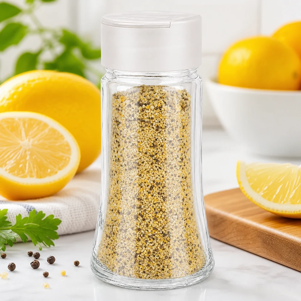 Pepe al limone in barattolo trasparente da 95 ml con coperchio bianco a doppia spargitrice, con limoni freschi