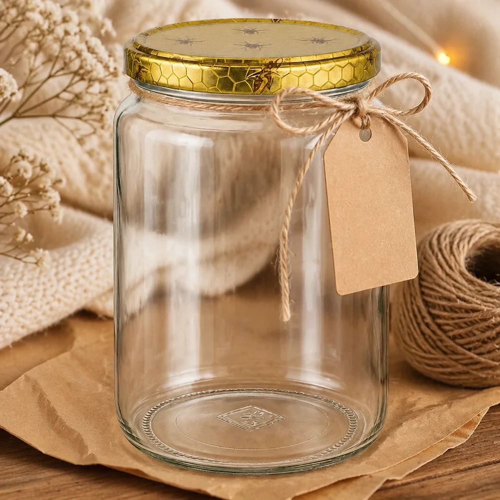 Vasetto per miele da 1000 g con capsula con motivo a favo BasicSeal UNiTWIST Dekorativ präsentiertes 1000g Honigglas mit Bienenwaben-Deckel Bastschnur und Etikett auf Holztisch Geschenkidee