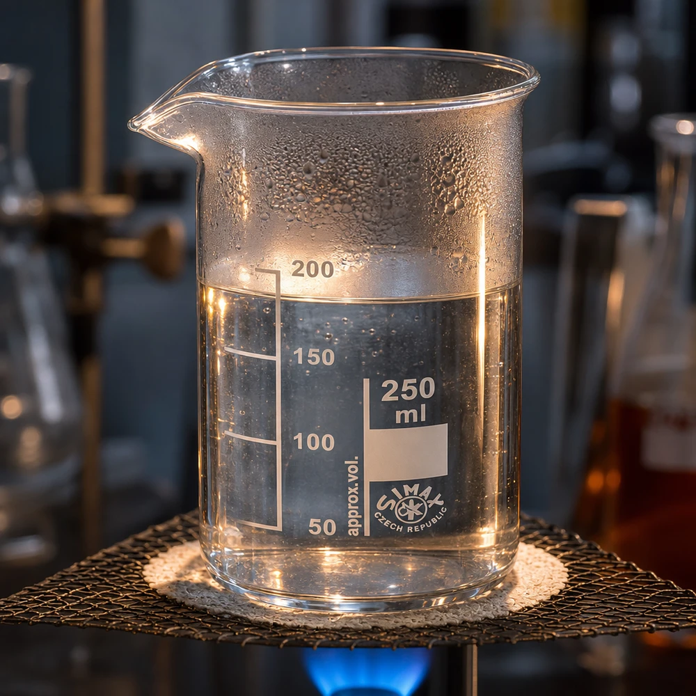 Becher da 250 ml a forma alta, posizionato su una rete metallica sopra un becco Bunsen durante il riscaldamento in un laboratorio di chimica