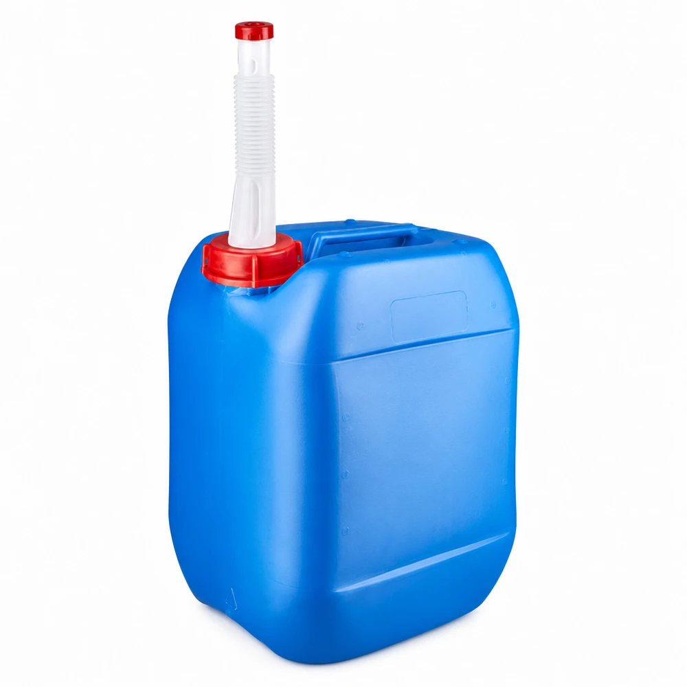 Tanica 10 litri blu con tubo di uscita Flex Tanica di plastica blu da 10 litri con beccuccio flessibile e tappo a vite rosso