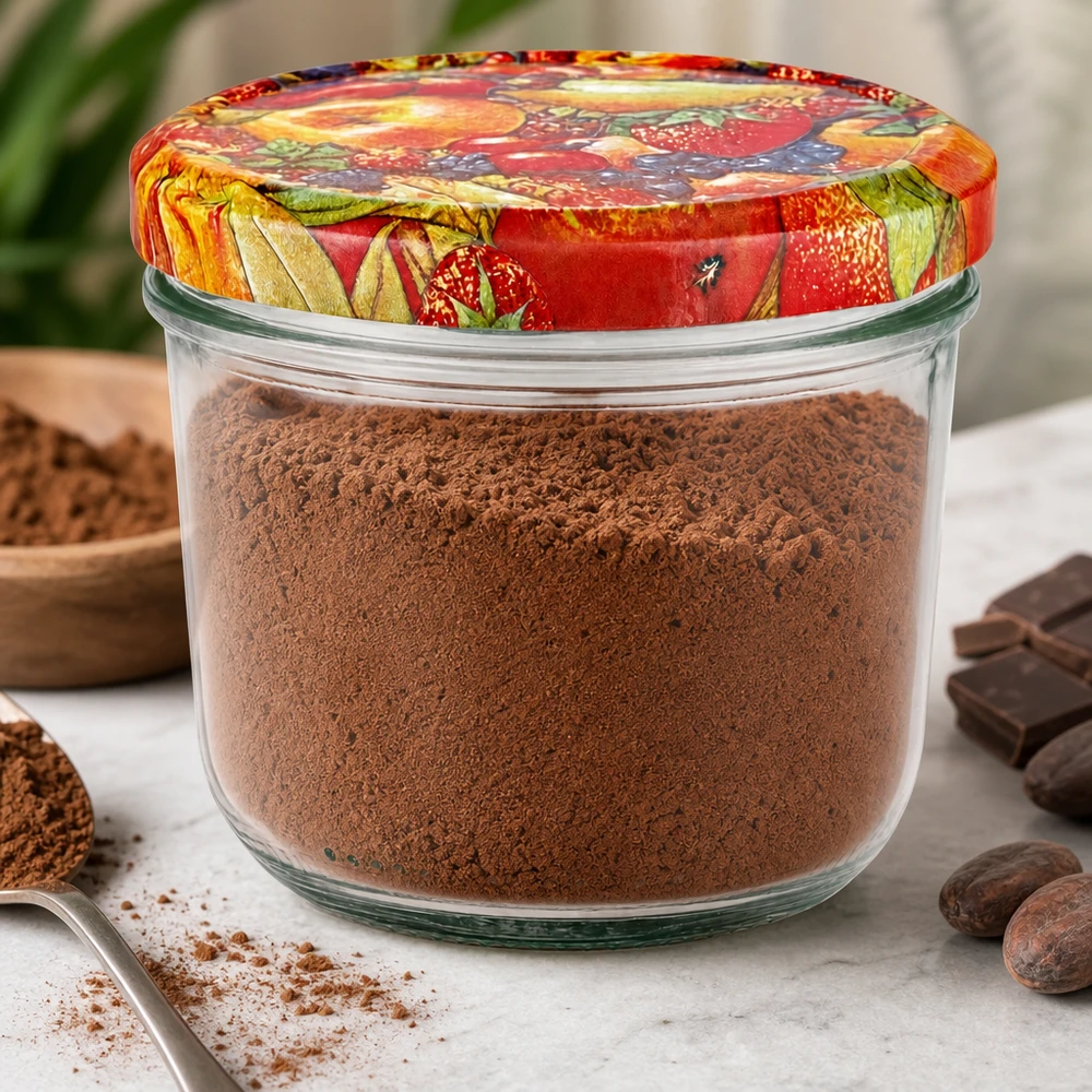 Bicchieri da 230 ml + coperchio BasicSeal con decorazione di frutta UN.. Bicchieri da 230 ml riempiti con polvere di cacao e coperchio colorato BasicSeal con decorazione di frutta, circondati da cioccolato e cacao.