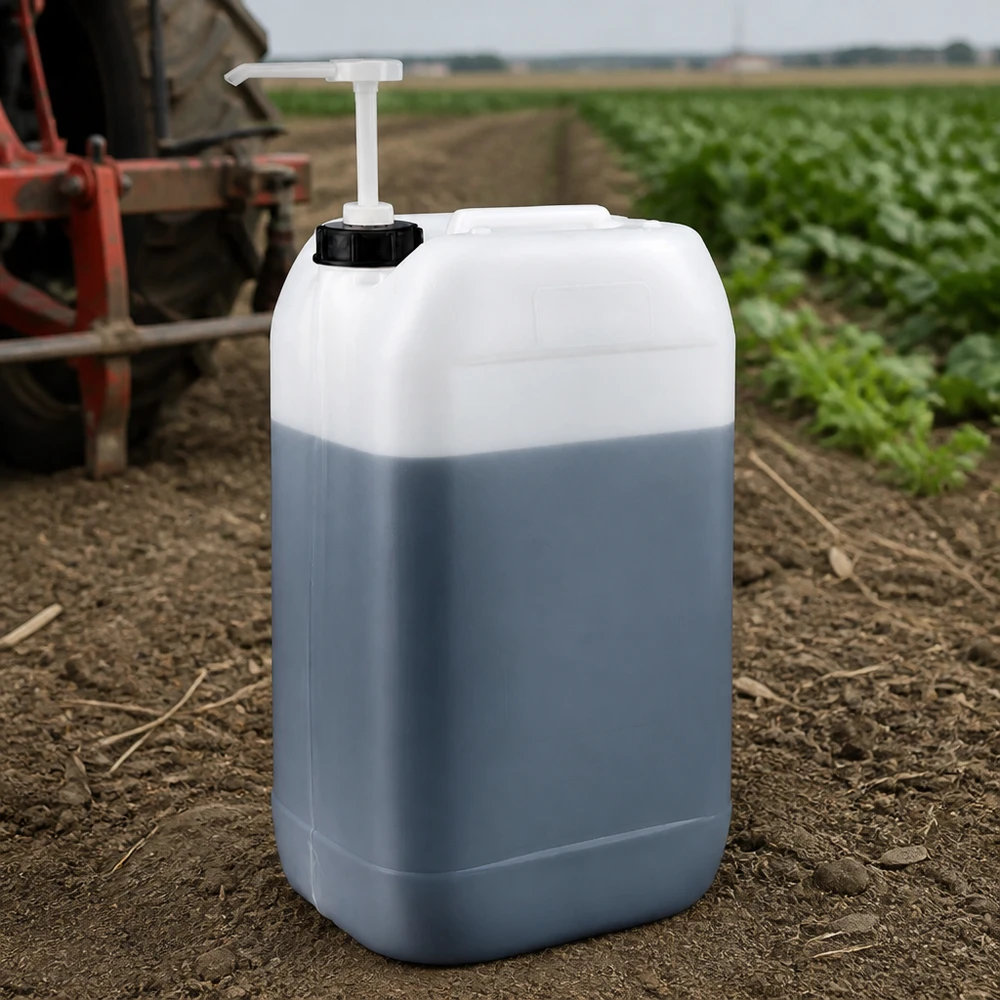 Tanica da 15 litri con pompa dosatrice Tanica da 15 litri con pompa dosatrice su un campo coltivato accanto a un trattore rosso per uso agricolo