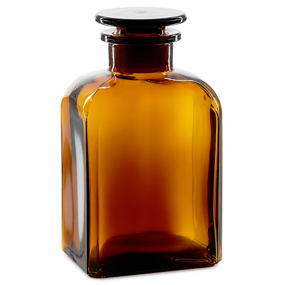 Bottiglia quadrata 500ml marrone a collo largo con tappo in vetro Bottiglia quadrata da 500 ml, marrone, a collo largo, con tappo in vetro, realizzata in vetro da laboratorio di alta qualità