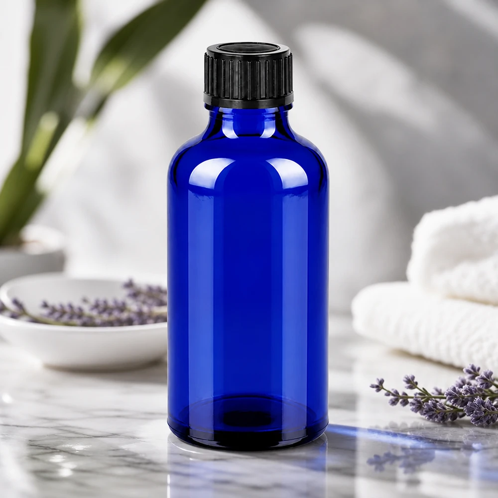 Bottiglia da 50ml 11mm SV nero OV BlueLine UT18/50 Bottiglia in vetro riciclabile BlueLine da 50 ml con tappo nero a prova di bambino per uso domestico
