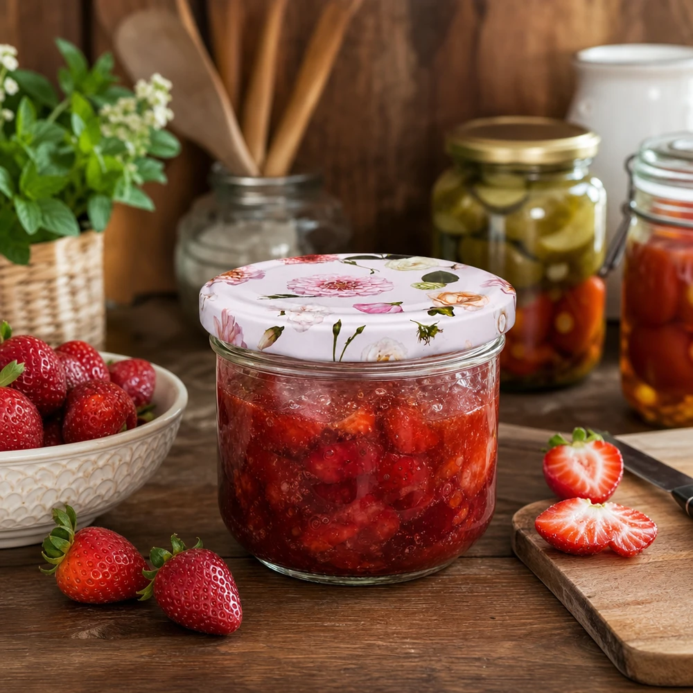 Bicchieri da 260 ml + coperchio BasicSeal rosa fiore UNiTWIST Barattolo per conserve da 260 ml con coperchio floreale riempito di marmellata di fragole - tumbler per marmellata e confettura in cucina