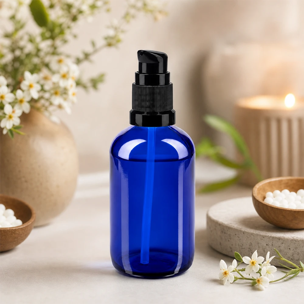 Bottiglia a pompa blu 100ml STD nero ApoGlas Flacone cilindrico da 100 ml con pompa, in vetro da farmacia blu cobalto, con dosatore nero