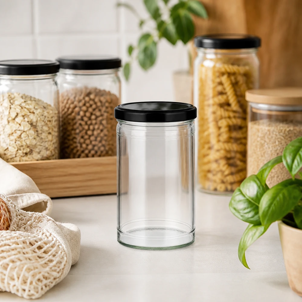 Vaso da 1053 ml con coperchio BasicSeal nero UN... Barattolo di vetro vuoto da 1053 ml con coperchio nero in cucina a spreco zero con barattoli di stoccaggio e materiali sostenibili