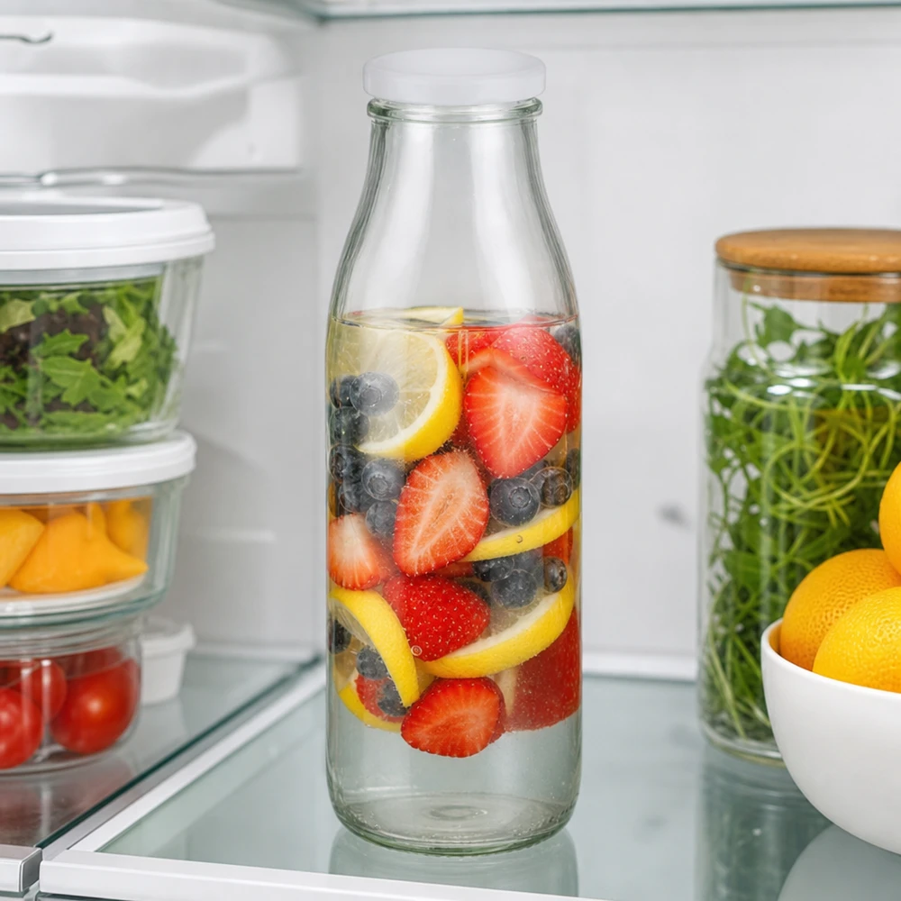 Bottiglia di vetro da 500 ml + coperchio BasicSeal bianco UN.. Bottiglia di vetro da 500 ml con coperchio BasicSeal piena di acqua infusa ai frutti di bosco e al limone nel frigorifero tra un alimento fresco e l'altro.