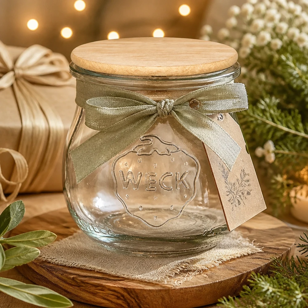 Vaso a tulipano da 75 ml WECK RR40 con coperchio in legno WECK Tulpenglas 75ml mit Holzdeckel als Geschenkverpackung dekoriert mit Schleife für Marmelade und Konfitüre