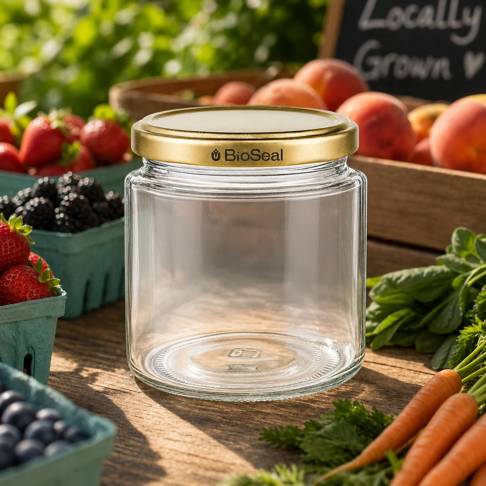 Vasetto per miele da 350 g con capsula dorata BioSeal UNiTWIST Vasetto di miele BioSeal da 250 ml su bancarella con frutta e verdura fresche, coperchio dorato UNiTWIST per la conservazione