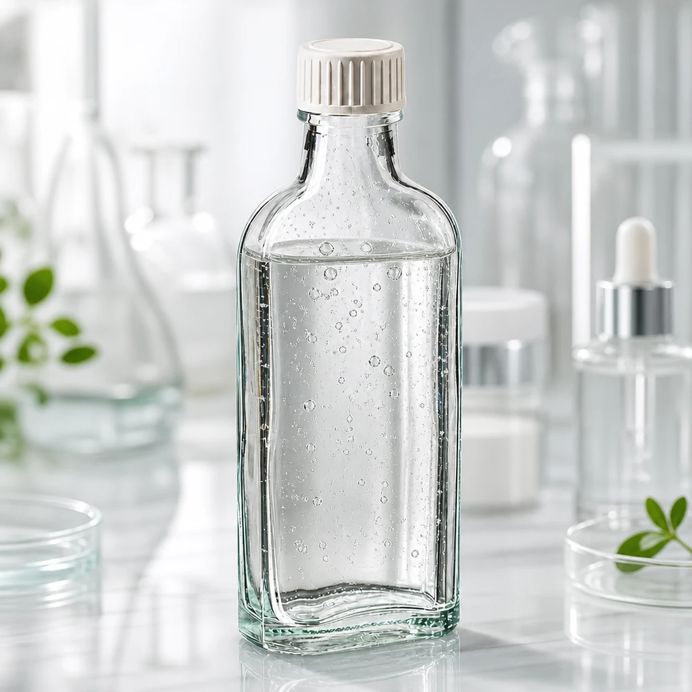 Tappo a vite trasparente Meplat da 100 ml con inserto in schiuma PE Fiaschetta da laboratorio Meplat da 100 ml trasparente con tappo a vite e inserto in schiuma di PE su sfondo bianco da laboratorio