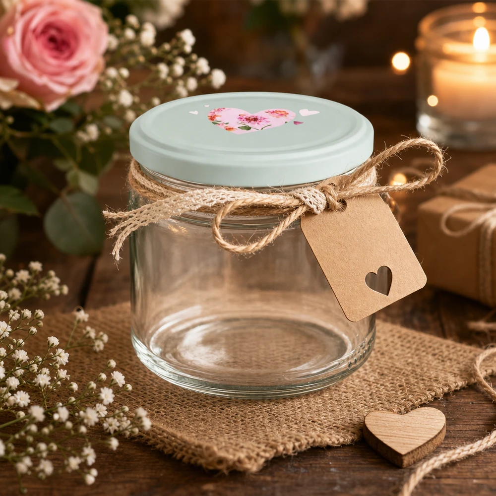 Vaso rotondo da 330 ml vuoto decorato con cordoncino di iuta e ciondolo a cuore Coperchio BasicSeal confezione regalo alla menta vaso da conserva