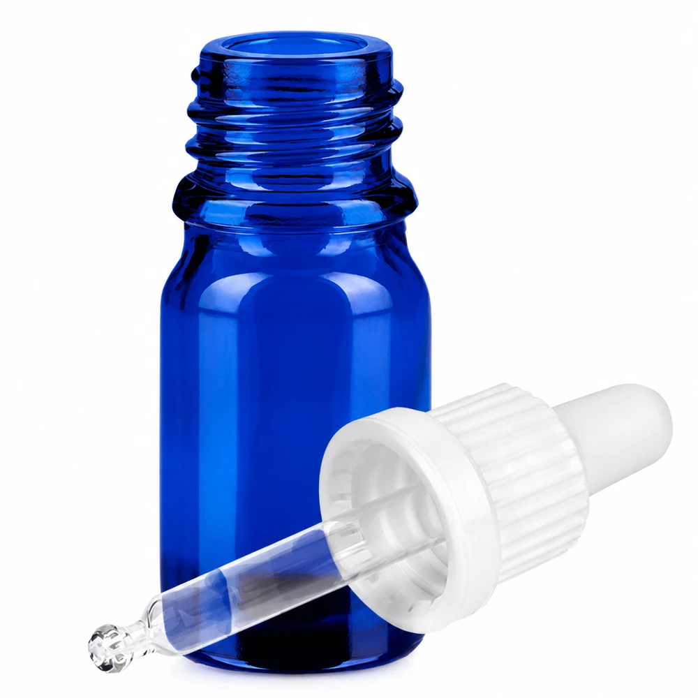 Flacone per pipette da 5 ml bianco OV BlueLine UT18/5 Flacone da 5 ml in vetro blu con tappo a pipetta per la conservazione igienica delle essenze