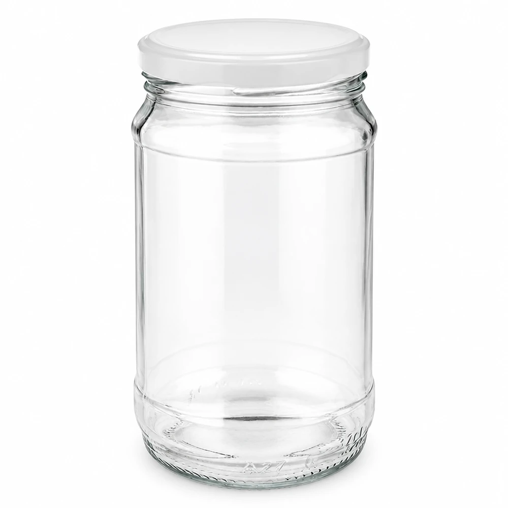 UNiTWIST 370 ml, barattolo rotondo in vetro bianco con coperchio BasicSeal bianco per marmellate e conserve
