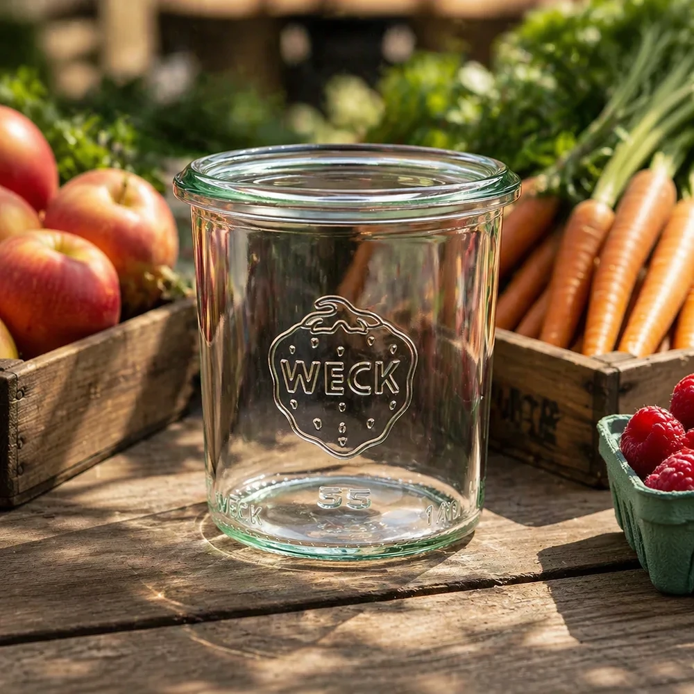 Barattolo per conserve WECK RR60 da 140 ml su un tavolo di legno con frutta e verdura fresca sullo sfondo