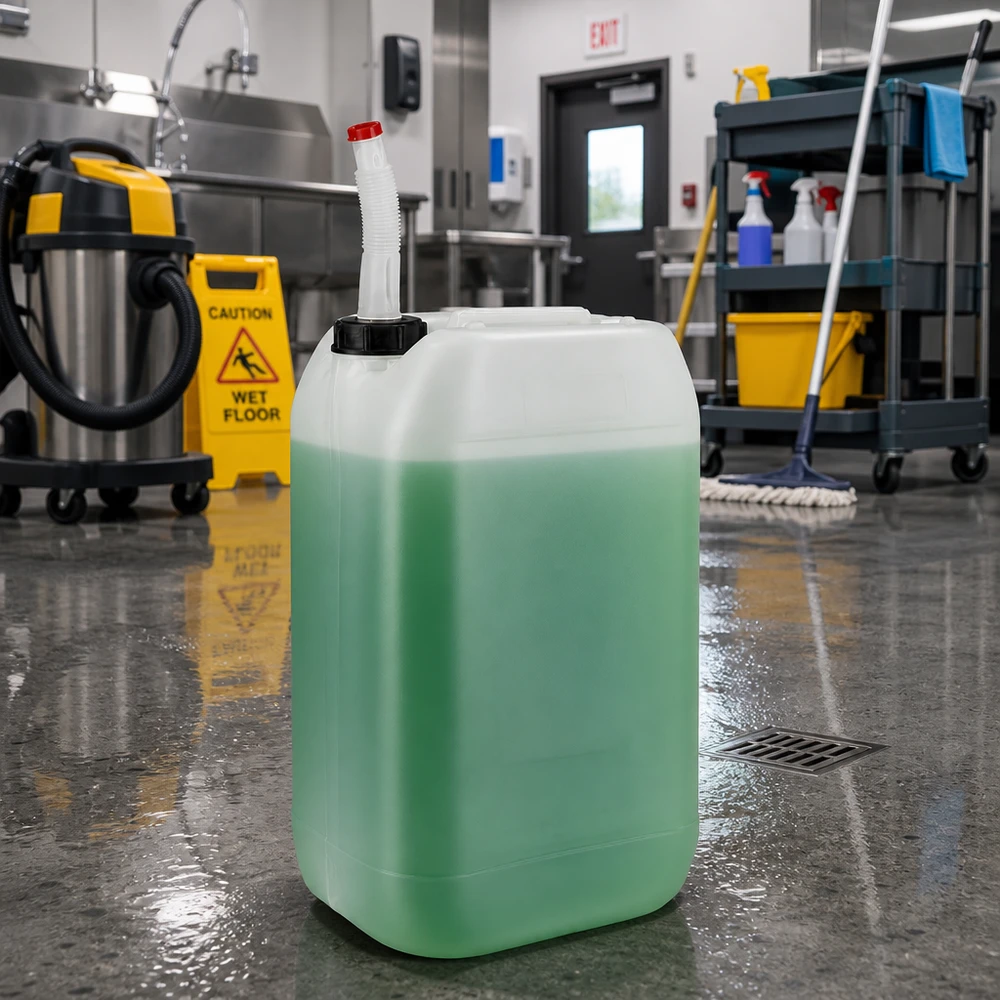 Tanica da 15 litri con tubo di uscita flessibile Liquido detergente verde in tanica da 15 litri con beccuccio flessibile sul pavimento della cucina