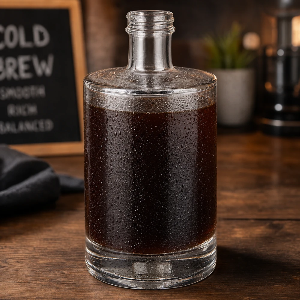 Bottiglia in vetro da 500 ml Sam senza tappo a vite UNiTWIST® Bottiglia di vetro da 500 ml Sam riempita con gocce d'acqua di condensazione di caffè freddo Ambiente caffè Base in legno