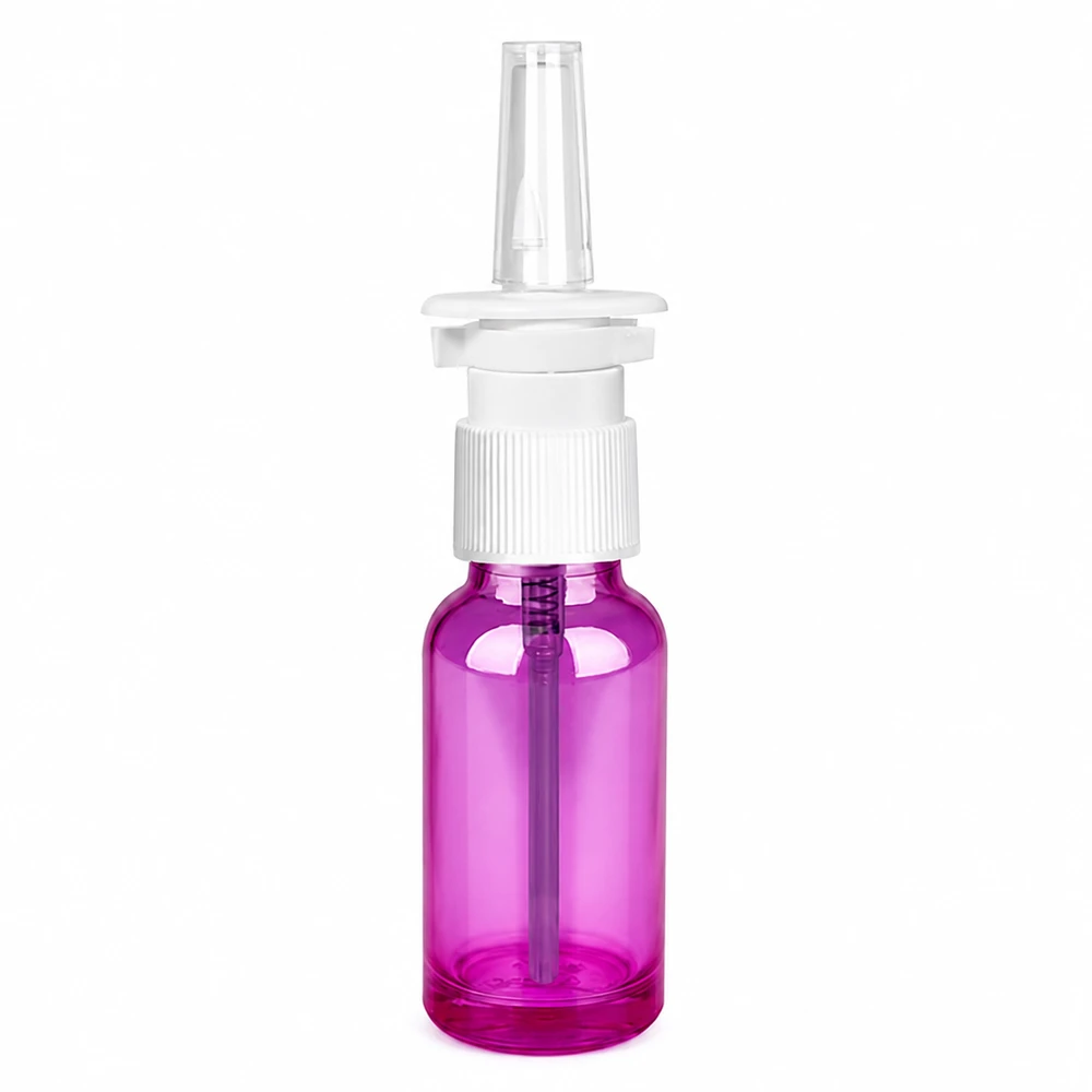 Flacone spray nasale da 20 ml bianco/trasparente standard PurpleLine. UT18/20 Flacone spray da 20 ml in look viola con testina standard per applicazioni mediche