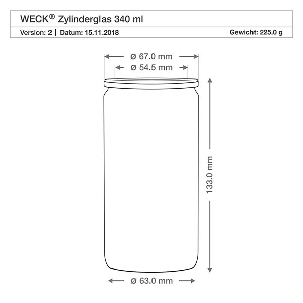 Vaso cilindrico da 340 ml WECK RR60 con tappo in sughero naturale Disegno dimensionale del vaso cilindrico WECK 340ml RR60 con dimensioni 67 mm di diametro 133 mm di altezza specifiche tecniche del prodotto