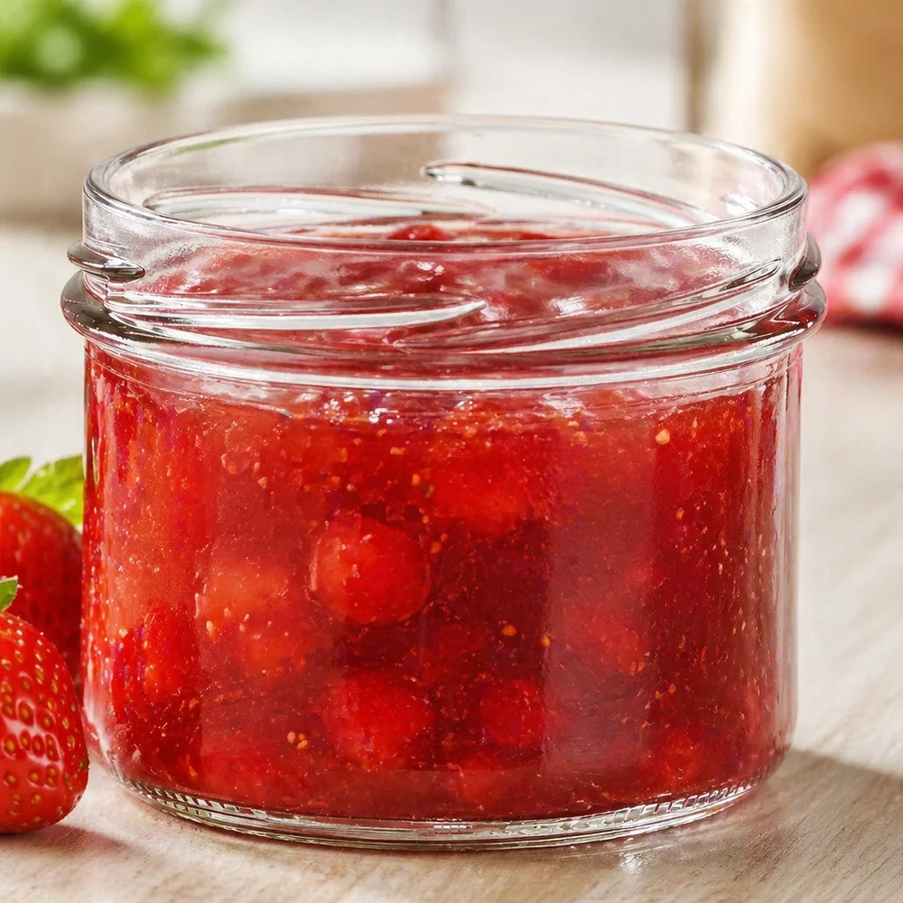 UNiTWIST Sturz225 - Capacità 225ml TO82 UNiTWIST Sturz225 bicchieri da 225ml TO82 riempiti di marmellata di fragole rosse su un tavolo di legno con fragole fresche