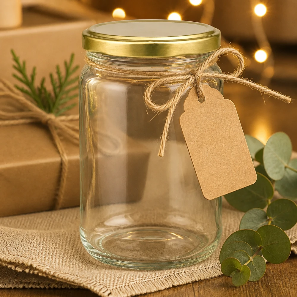 Barattolo rotondo da 305 ml con coperchio BasicSeal oro UNiTWIST 305ml Rundglas UNiTWIST gold mit Geschenkanhänger - leeres Einweckglas dekorativ präsentiert für Geschenkideen
