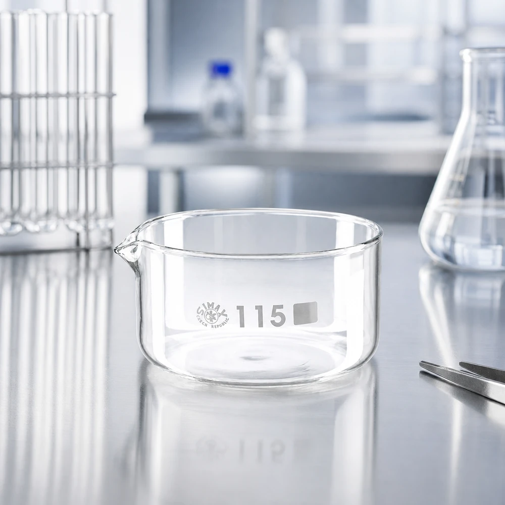 Piatto per cristallizzazione da 500ml con beccuccio Bo.. ø115mm Vaschetta di cristallizzazione SIMAX da 500 ml in vetro borosilicato su base in acciaio inossidabile per laboratorio professionale, ø 115 mm