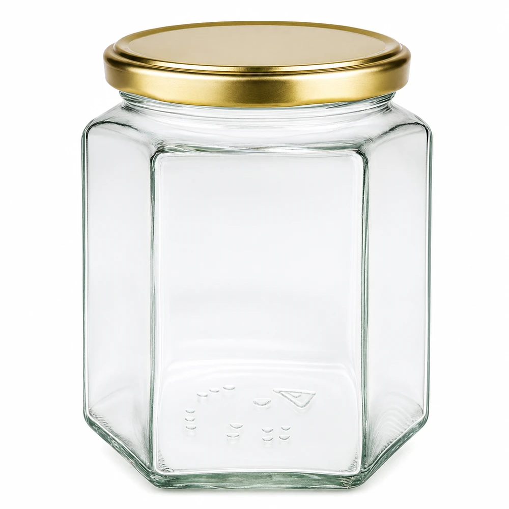 Vasetto per miele da 500 g con capsula dorata BasicSeal UNiTWIST Vasetto da 500 g con coperchio dorato BasicSeal UT trasparente vuoto esagonale per apicoltura