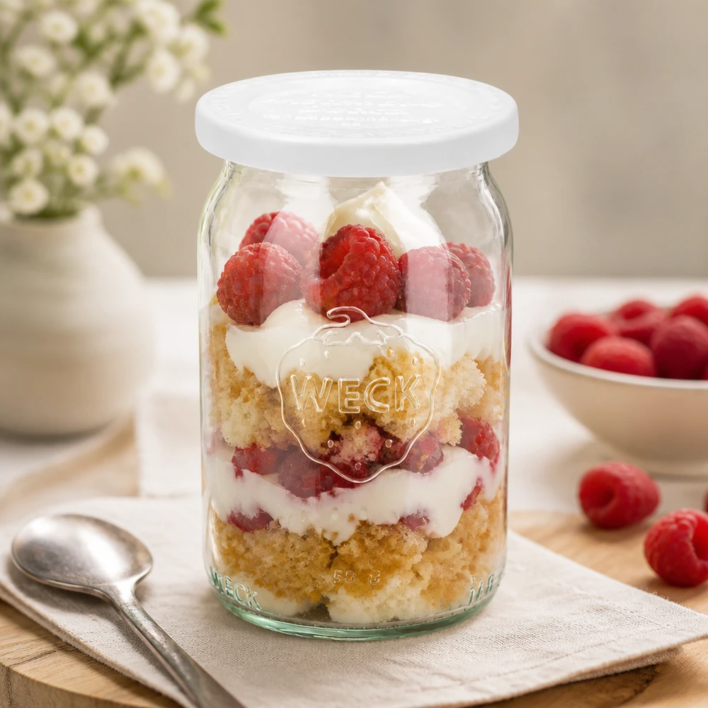 WECK RR40 vaso cilindrico 145ml con dessert a strati di lamponi e crema come vaso da colazione su base chiara