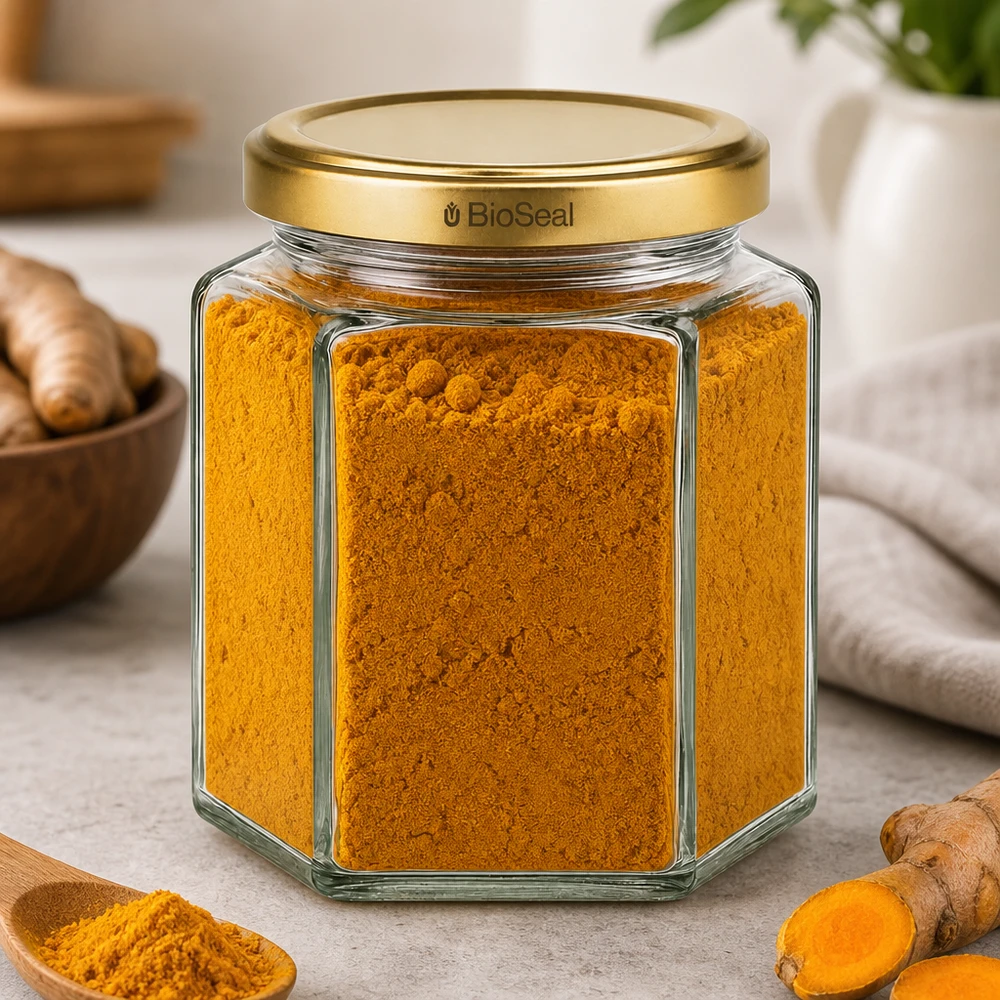 UNiTWIST Hexa390 con coperchio dorato TO70 BioSeal Barattolo per spezie UNiTWIST Hexa390 con coperchio dorato BioSeal riempito di curcuma in polvere accanto a radici di zenzero fresco